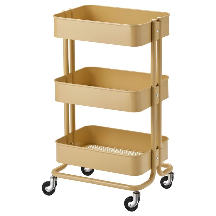 a three tiered cart with wheels and two trays on each side, in beige