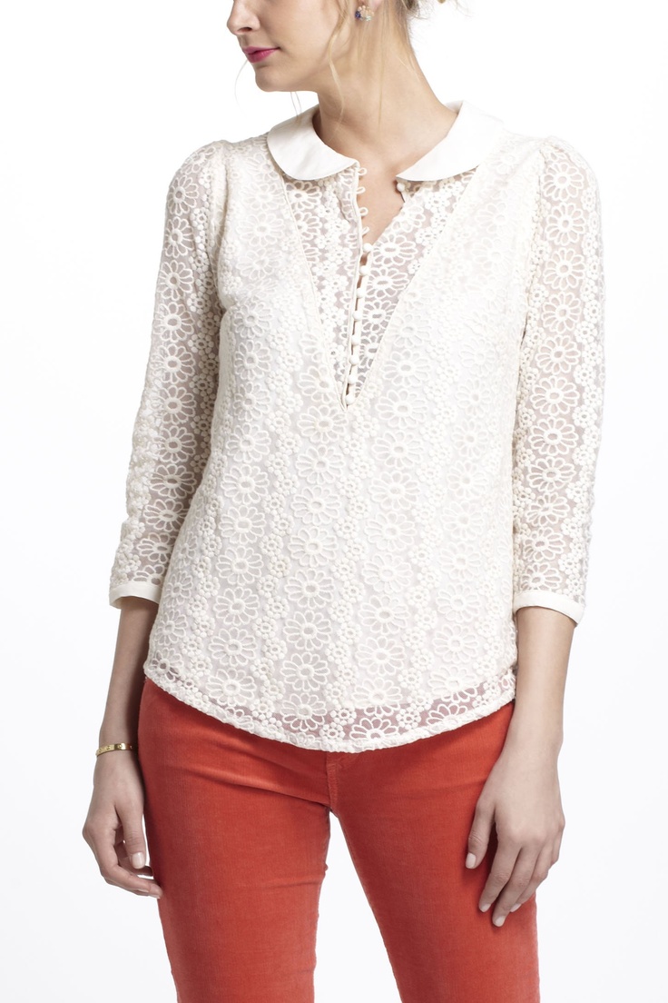 Lace Overlay Blouse - Anthropologie.com Overlay Blouse, Lacey Tops, Xl Fashion, Blouse Outfit, Fashion Lookbook, Pan Collar, School Fashion, Lace Overlay, Mom Style