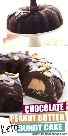 chocolate peanut butter bundt cake on a white plate with one slice cut from it