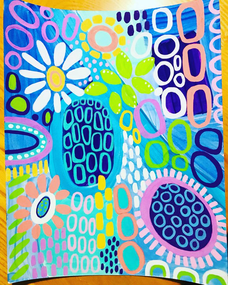 an abstract painting with blue, green and pink colors