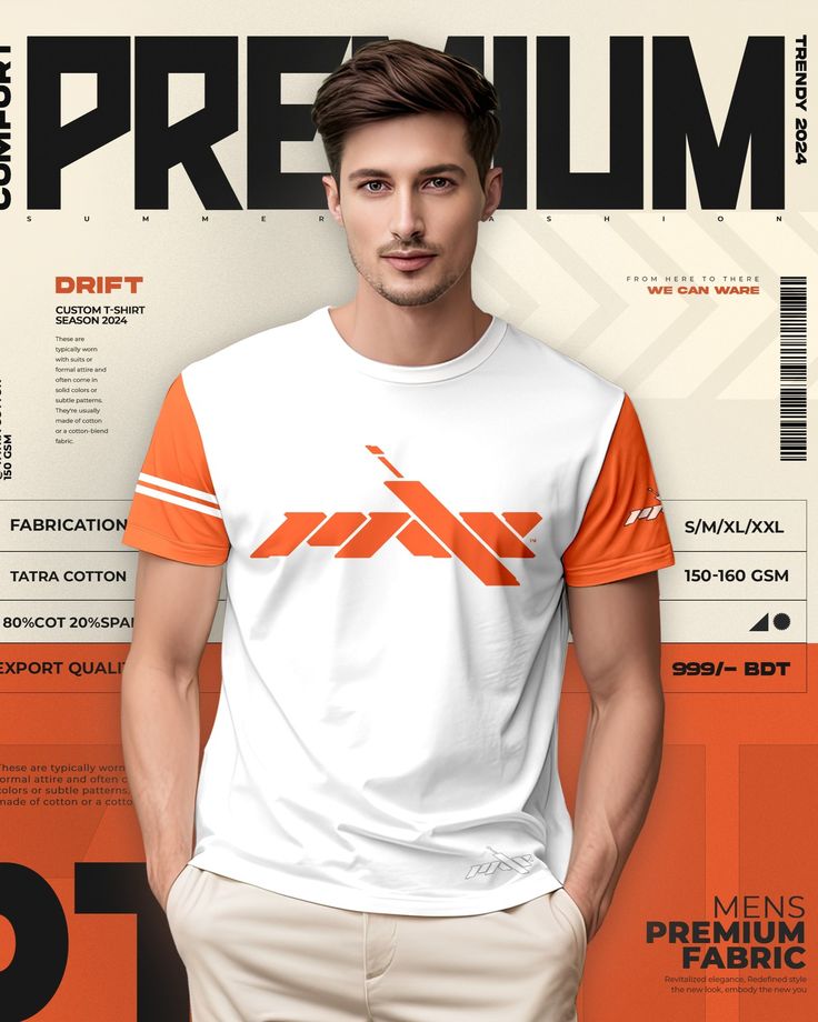 a man in an orange and white t - shirt standing next to a magazine cover