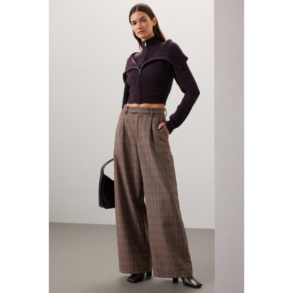 Brown plaid twill (80% Polyester, 20% Wool). Pants. Front zipper fly with button closure. 31" inseam. 15.5" rise. 25" leg opening. Imported. Wide Leg Plaid Pants, Professor Aesthetic, Plaid Trousers, Ronny Kobo, Rent The Runway, Closet Designs, Brown Plaid, Plaid Pants, Wool Pants