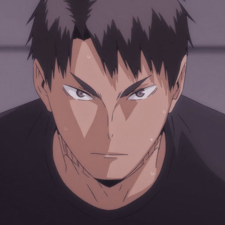 an anime man with green eyes and black shirt looking at the camera while standing in front of a green wall