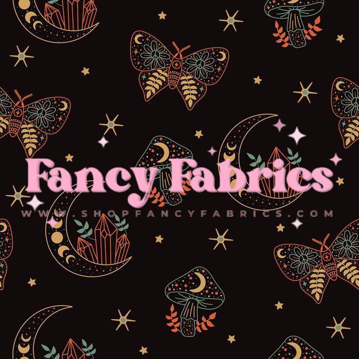 fancy fabric with butterflies and stars on black background for sewing, crafts or scrapping