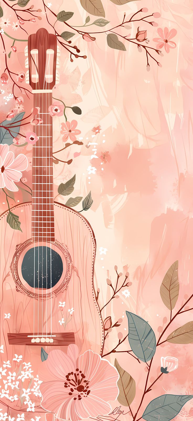 an acoustic guitar is surrounded by pink flowers and green leaves on a peach colored background