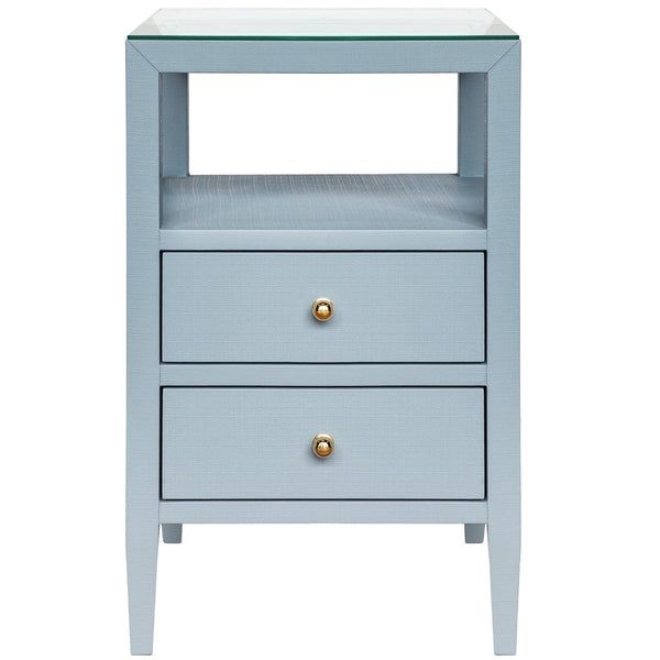 a blue night stand with two drawers on one side and gold knobs on the other