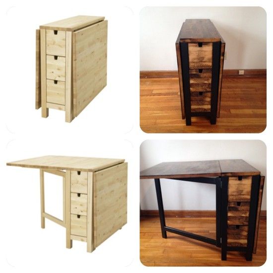 four different views of a desk made out of pallet wood and metal with drawers