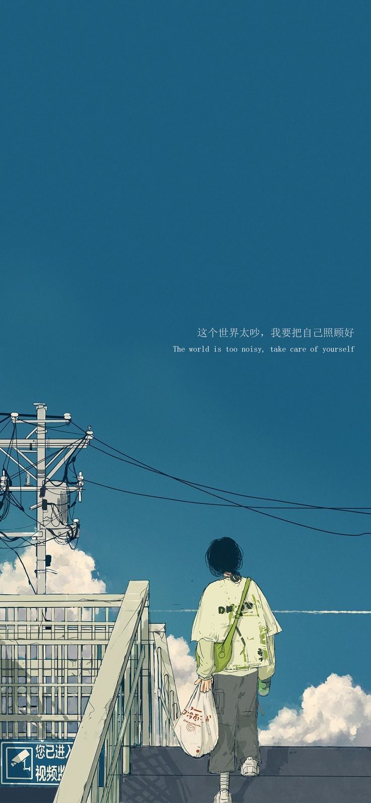 a man walking down a street next to a sky filled with clouds and power lines