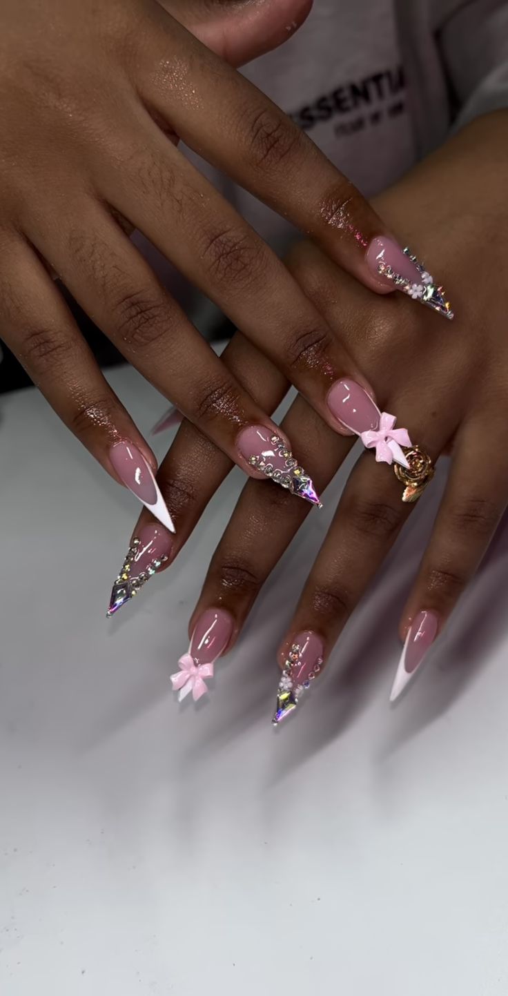 Birthdays Nails Acrylic, Nail Ideas Acrylic Pink And White, Spring Nails Long Acrylic, Grown Women Nails, Stalitoes Nails Design, Junk Stiletto Nails, Stiletto Nails Birthday, Birthday Almond Nails Designs, Birthday Nail Set Ideas January