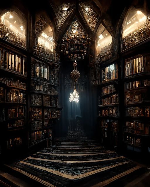 an old library with many bookshelves and chandelier hanging from the ceiling