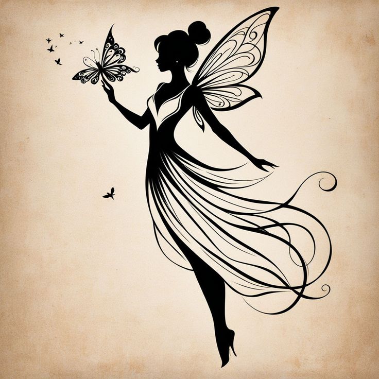 a silhouette of a fairy holding a butterfly