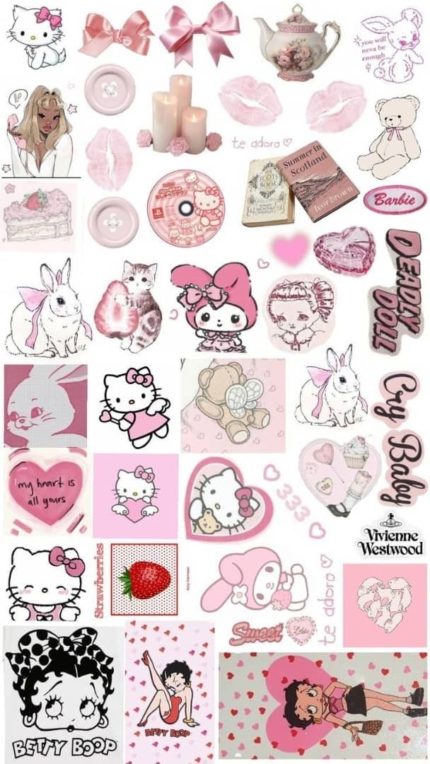 a collage of hello kitty stickers on a white background with pink and black accents