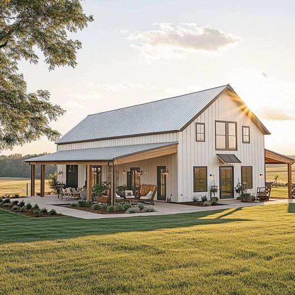 a large white house sitting on top of a lush green field