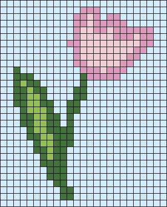 a cross stitch pattern with a pink flower in the center and green stems on each side