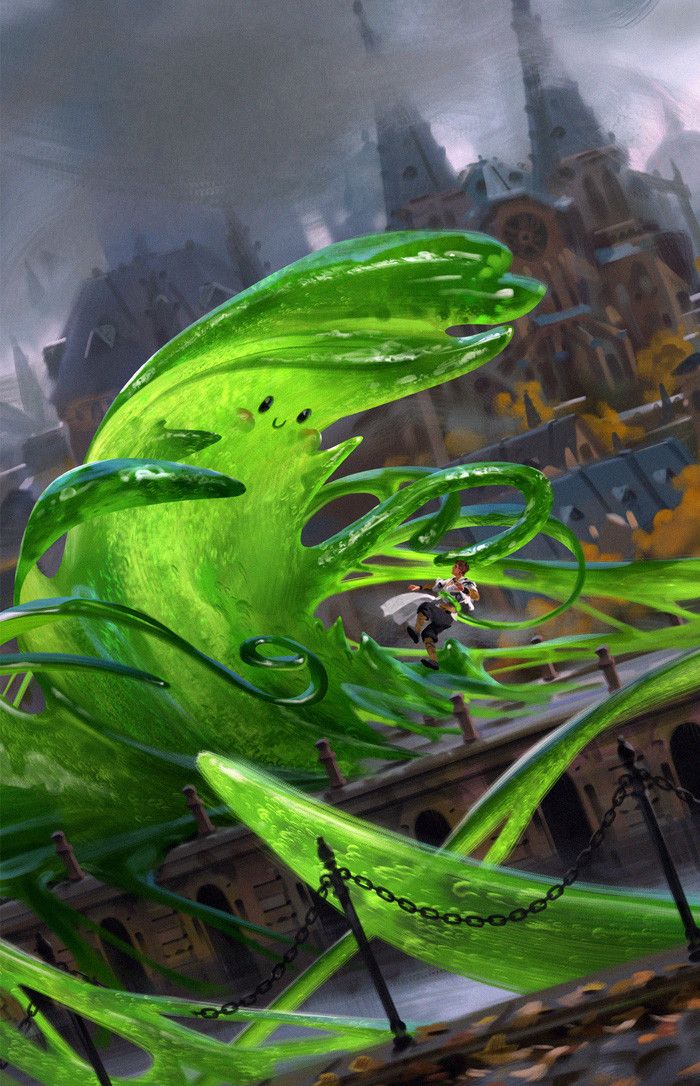 an artistic painting of a green creature in front of a city