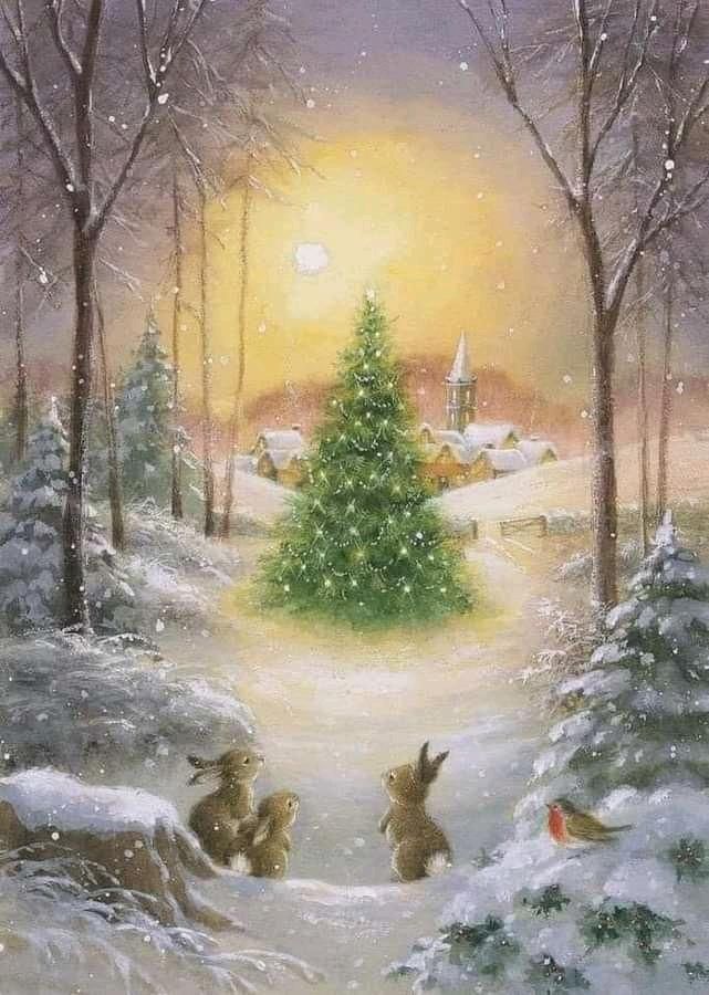 a painting of two rabbits in the snow near a christmas tree