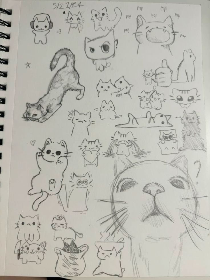 an open notebook with drawings of cats on it