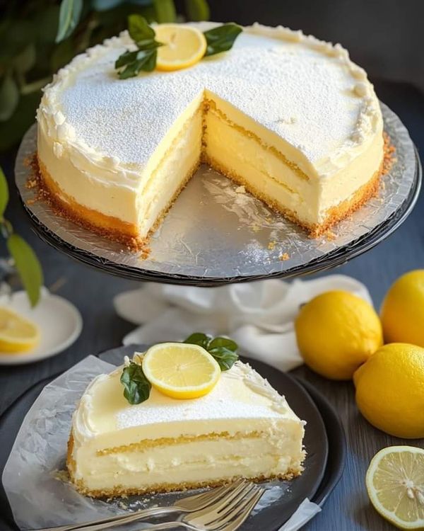 there is a lemon cake with one slice cut out and the other half on a plate