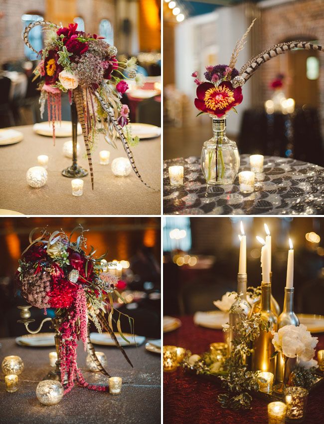 four different pictures of flowers and candles in vases on a table with other decorations