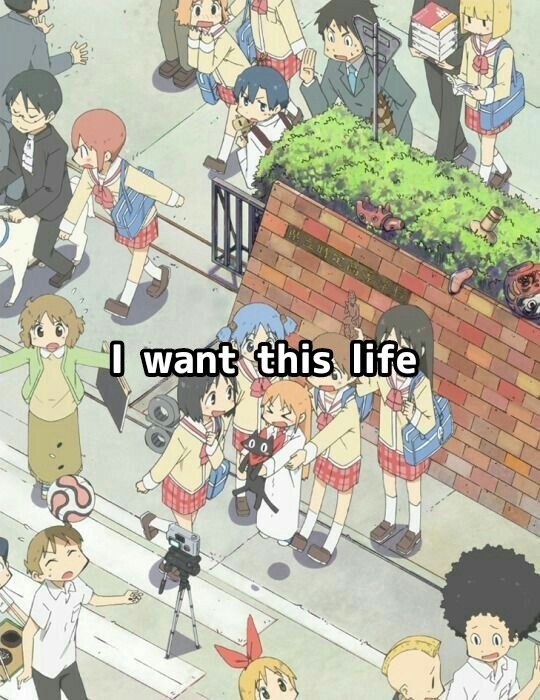 an anime scene with the words i want this life written on it and people standing around