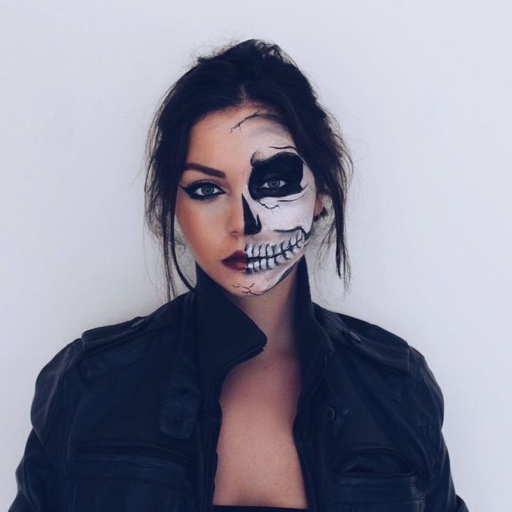 Halloween... Halloween Skull Makeup Half Face, Halloween Skeleton Makeup Half Face, Easy Skull Makeup Half Face, Easy Half Skull Makeup, Skeleton Half Face Makeup, Skull Face Costume, Half Skeleton Makeup Easy, Skull Face Makeup Easy, Skull Makeup Half Face