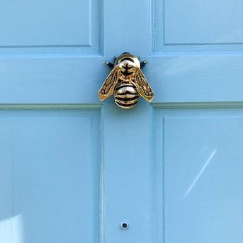 a close up of a blue door with a bee on it