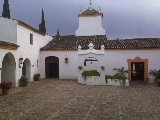 an old white building with potted plants in the courtyard