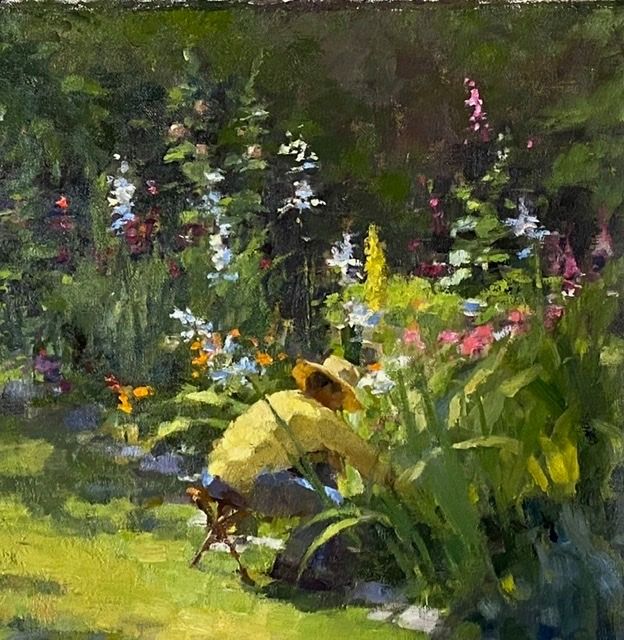 a painting of a woman sitting on a bench in a garden surrounded by wildflowers