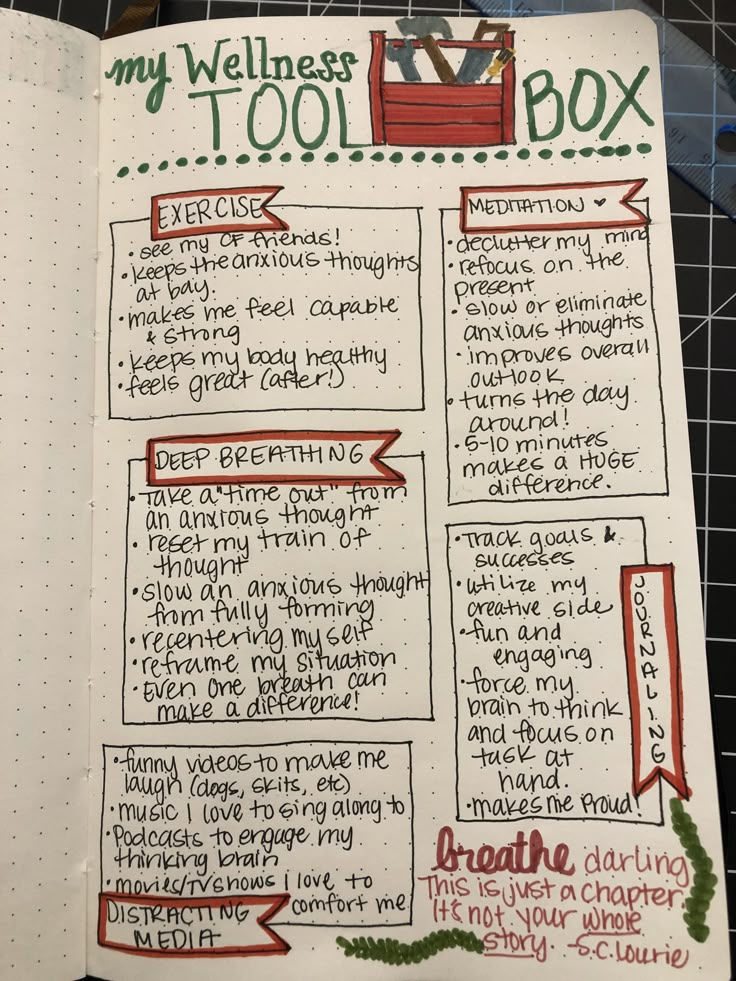 a page in a notebook with writing on it that says, my wellness tool box