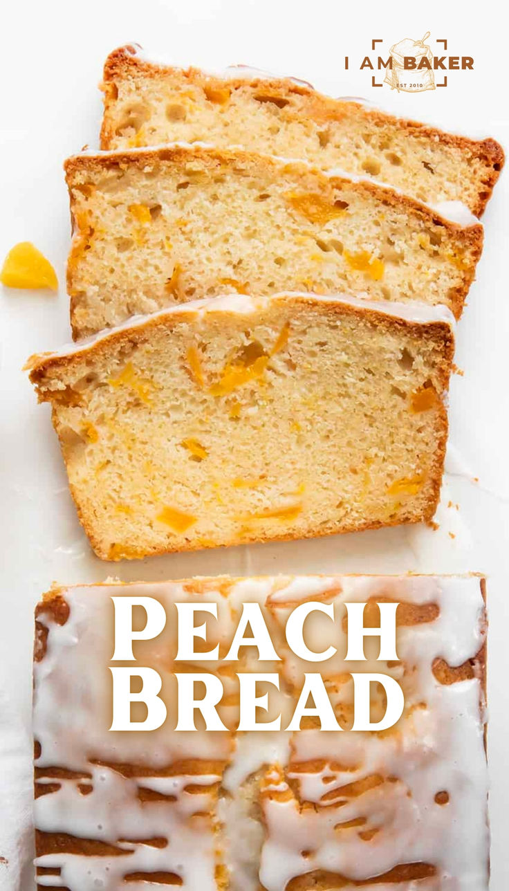 three slices of peach bread with icing on top and the words, i am baker