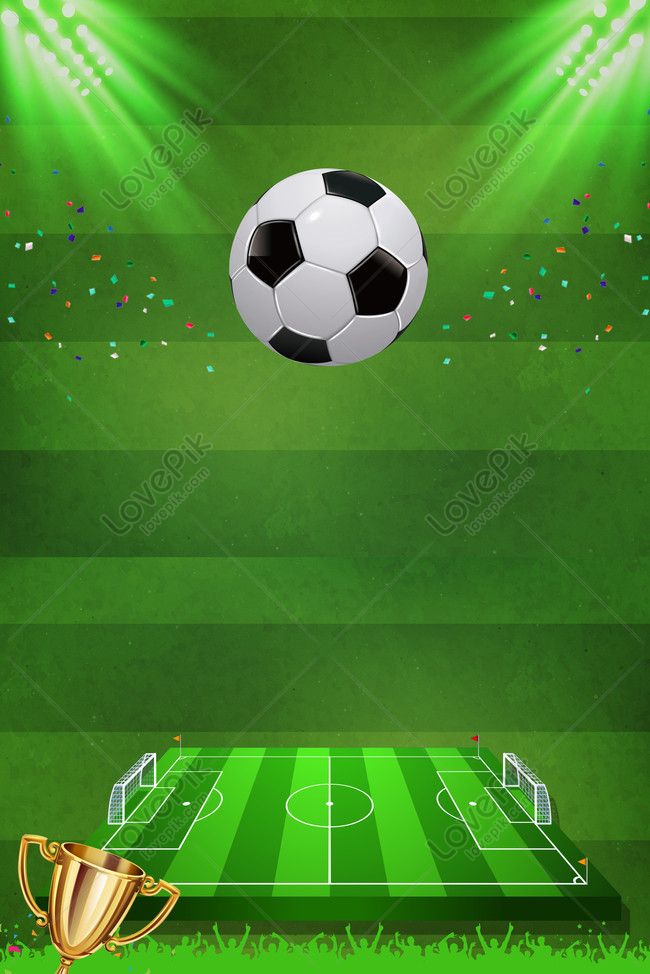 a soccer field with green lights and a ball in the air, on top of it