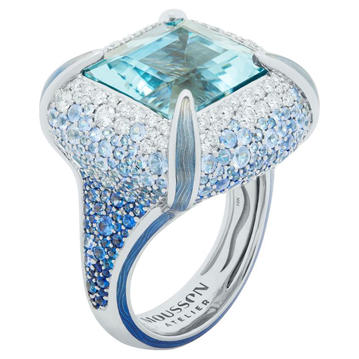 Aquamarine 11.39 Carat Diamonds Sapphires Enamel 18 Karat White Gold Ring What images come to your mind when you see this Ring? It is a snow princess outfit or maybe melting ice? Whatever it is, the cold perfection in this is clearly visible, agree? In the middle of the Ring stands a towering fixed 11.39 Carat Aquamarine. A scattering of Diamonds and Sapphires is fixed around it. Pure beauty! Please request a video link to check this beauty in action US Size 7 3/4 // EU Size 18.00 22.60 x 31.40 Ombre Jewelry, Ice Jewelry, Aquamarine Solitaire Ring, Teal Jewelry, Ring Sketch, Rings Beautiful, Princess Outfit, Snow Princess, Colored Stone Rings