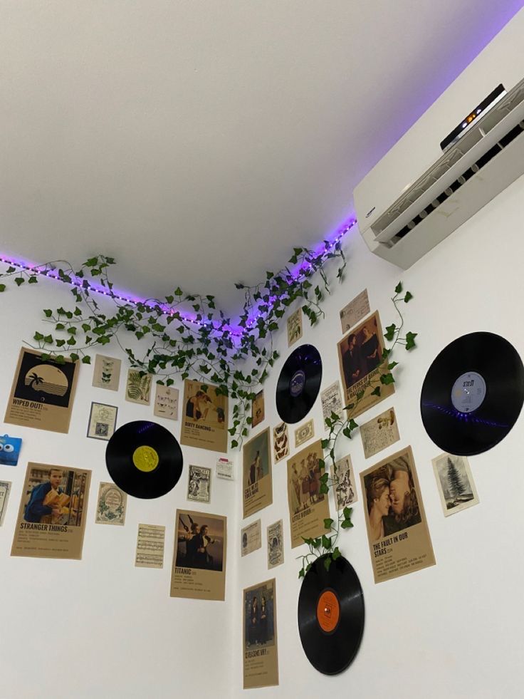 there are many records on the wall with vines growing out of them and hanging from the ceiling