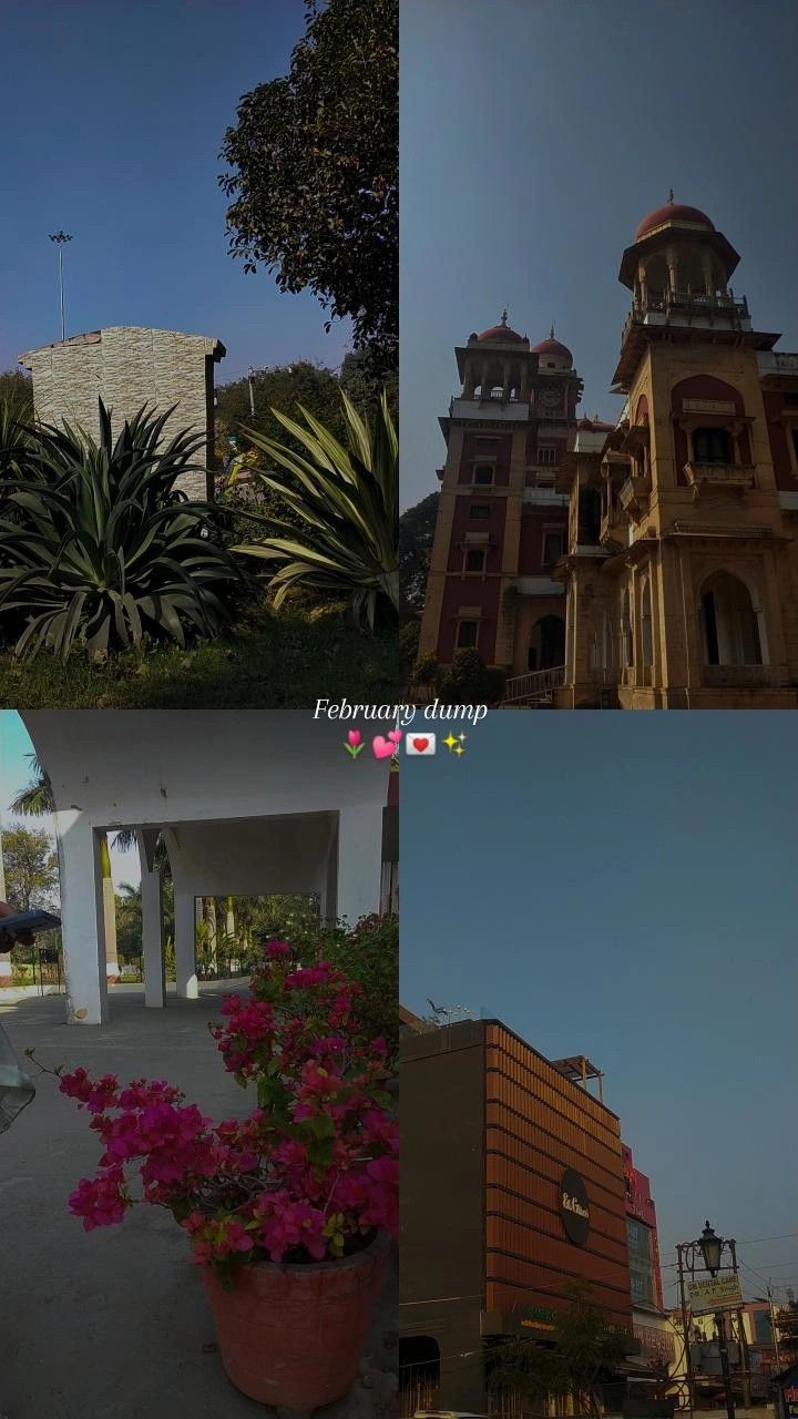 four different shots of the same building with flowers in front and behind it, including a clock tower