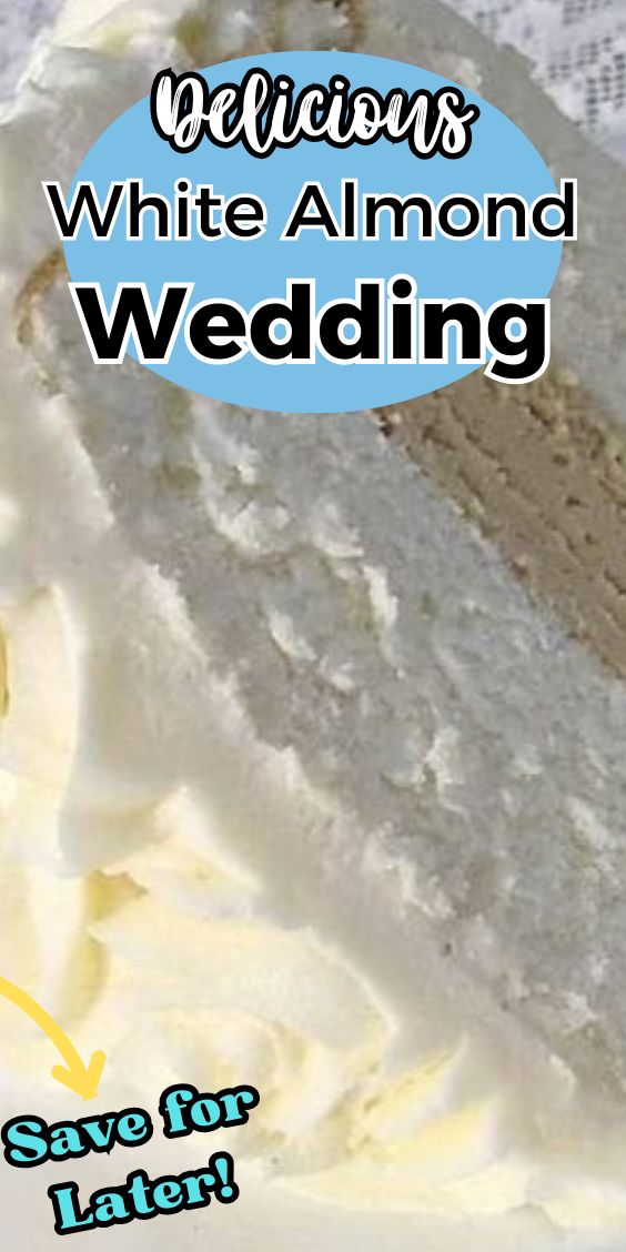 a slice of white almond wedding cake on a plate with the words delicious written above it