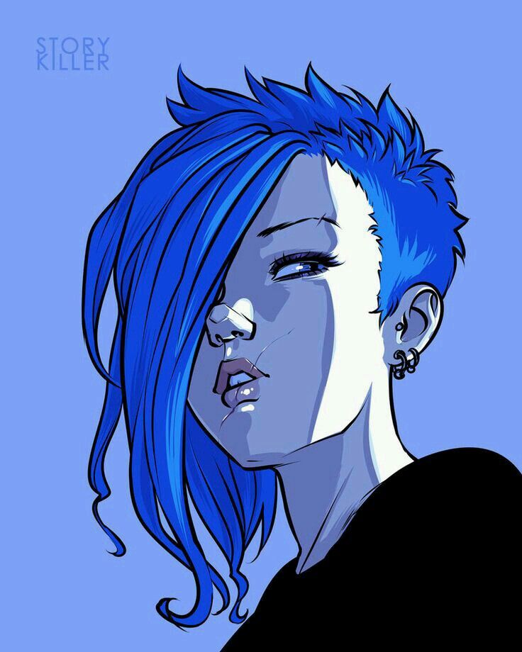 a drawing of a woman with blue hair and piercings on her ears, looking to the side