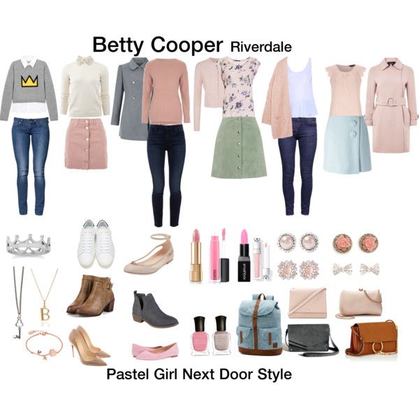 a group of different types of clothing and accessories on display with text that reads betty cooper riverdale pastel girl next door style