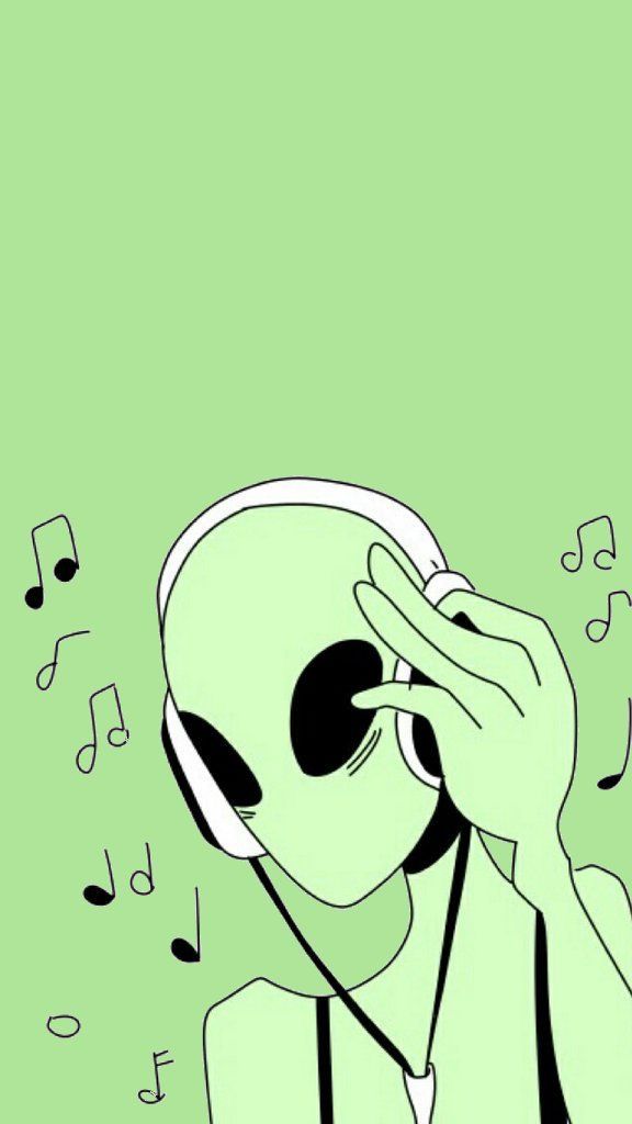 an alien listening to music with headphones and holding his hands up to his face