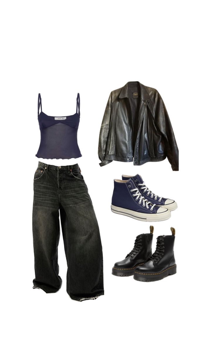 rockstar girlfriend aesthetic, dark blue, leather jacket Blue Rockstar Outfit, Aesthetic Rockstar Girlfriend Outfits, Ways To Style Leather Jacket, Winter Outfits With Leather Jackets, Rockstar Outfits Aesthetic, Revenge Era Outfit, Dark Downtown Girl Aesthetic, Greasers Outfit, Deftones Outfit Aesthetic