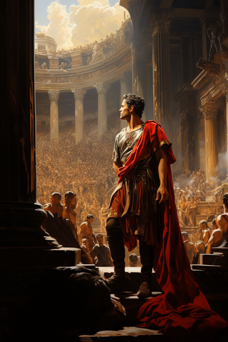 a painting of a roman soldier standing in front of an audience