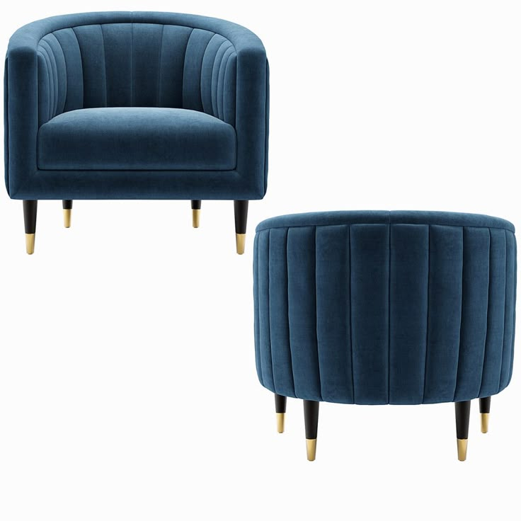 two blue velvet chairs with gold legs and footstools, one in the shape of a chair