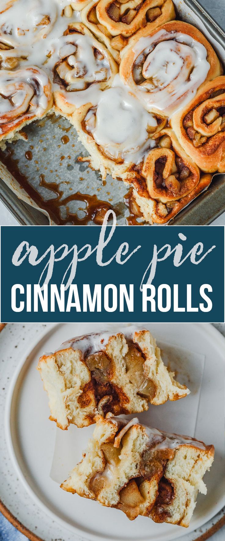 an apple pie cinnamon rolls on a plate with the rest of the cake in the background