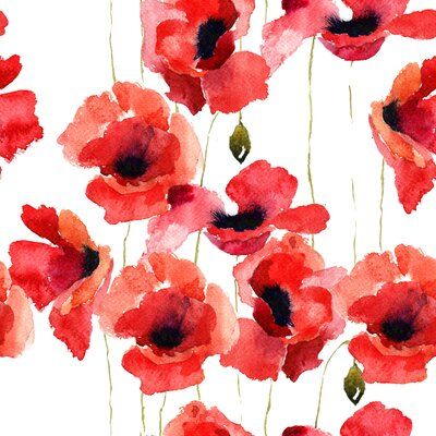 watercolor red flowers on white background with green stems and leaves, seamless pattern