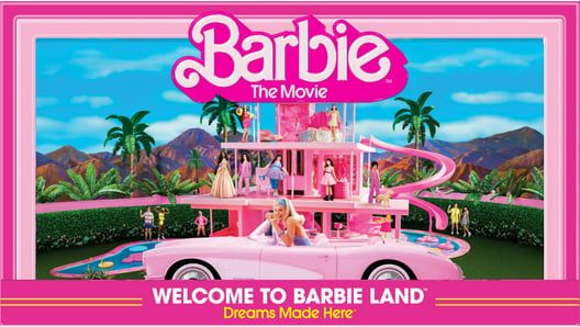 barbie the movie welcome to barbieland dream magic here poster with barbie in pink car