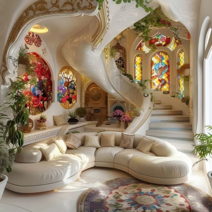 a living room filled with lots of furniture next to a spiral stair case and stained glass windows