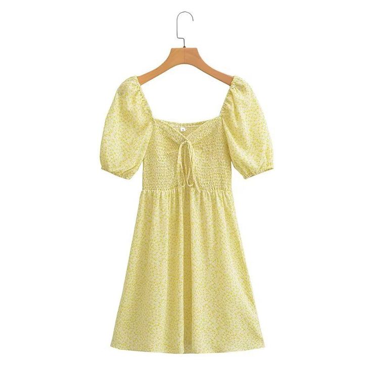 F00170373-104 Yellow Mini Dress For Casual Wear, Yellow Knee-length Mini Dress For Casual Wear, Spring Knee-length Ruched Mini Dress, Summer Knee-length Ruched Mini Dress, Yellow Puff Sleeve Dress For Spring, Yellow Puff Sleeve Dress For Summer, Casual Fitted Mini Sundress, Yellow Ruched Square Neck Dress, Yellow Ruched Dress With Square Neck