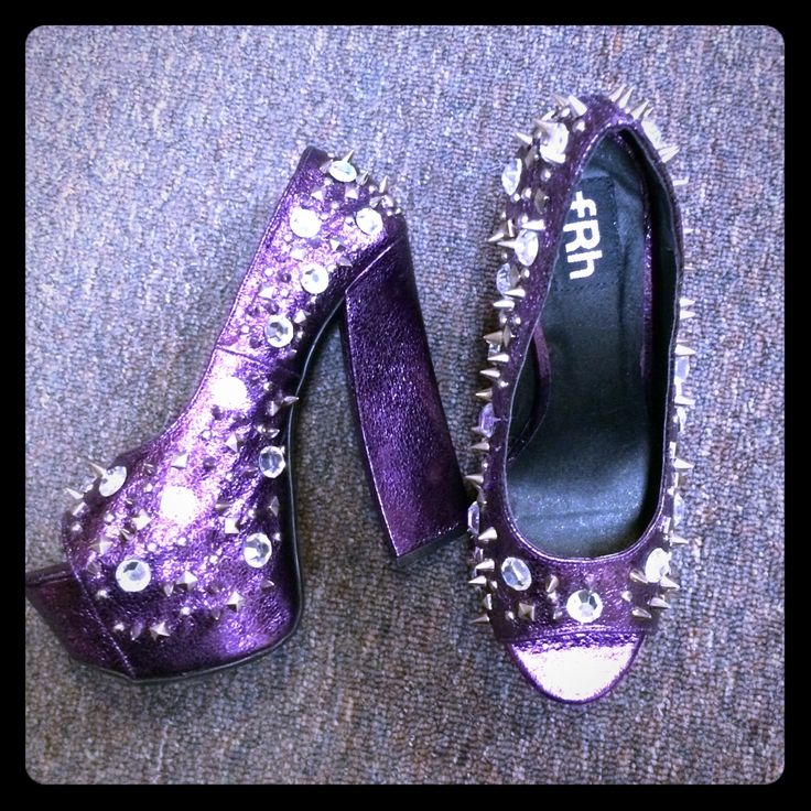 Super Sexy Purple With Rhinestones And Spikes Frh Heels! Sz- 8.5 Purple Rhinestone Round Toe Heels, Purple Rhinestone Heels With Round Toe, Purple Embellished Open Toe Heels, Purple Embellished High Heels, Embellished Purple High Heels, Neon Aesthetic, Spike Heels, Sling Backs, Color Purple