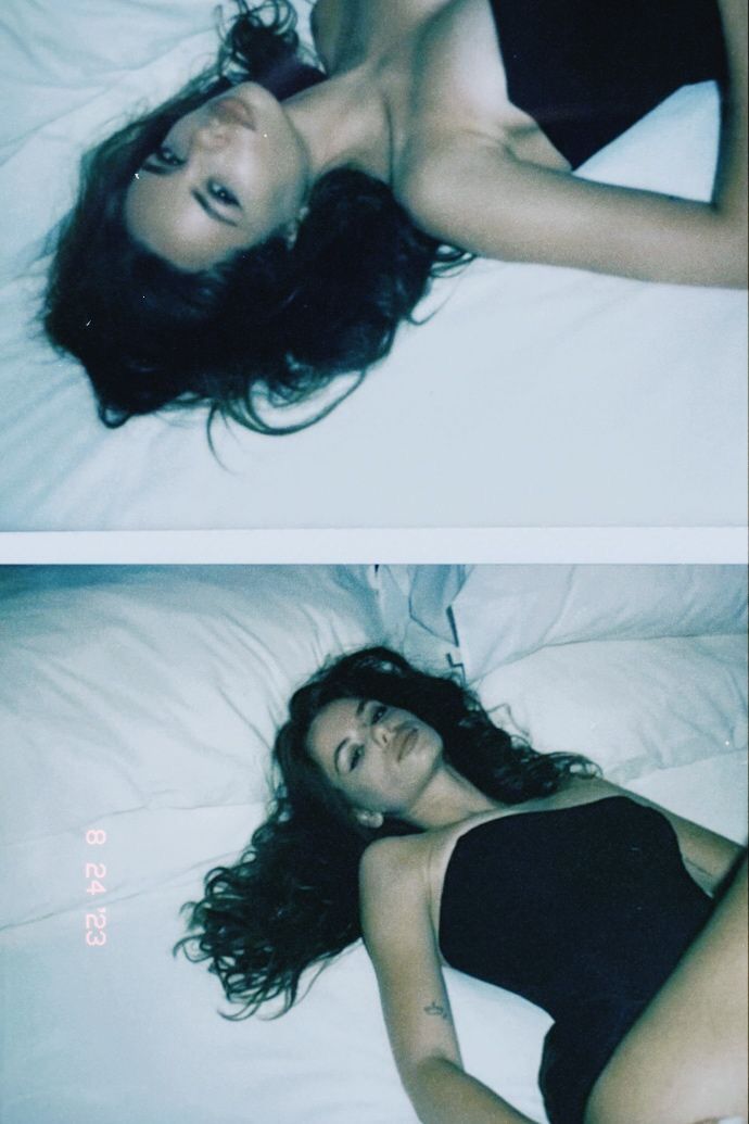 two pictures of a woman laying in bed