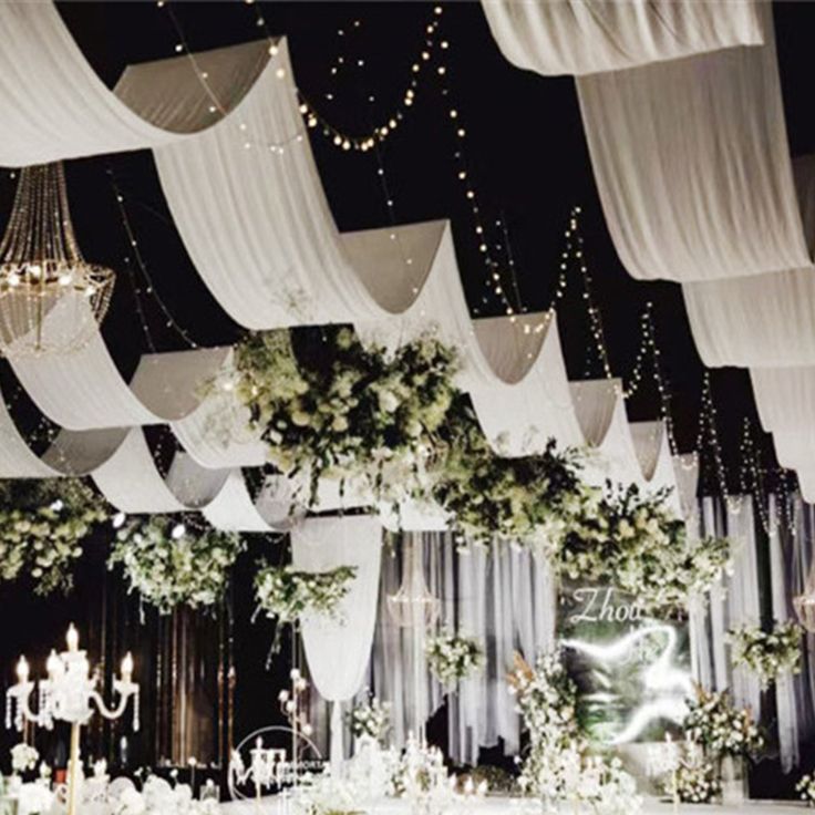 an image of a banquet hall setting with chandeliers and flowers on the ceiling