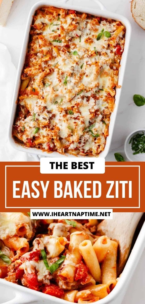 the best easy baked ziti recipe in a white casserole dish with text overlay